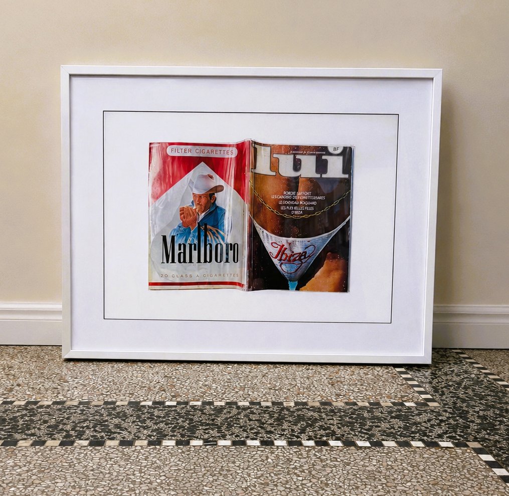 Framed vintage Marlboro cigarette pack and Lui magazine collage art