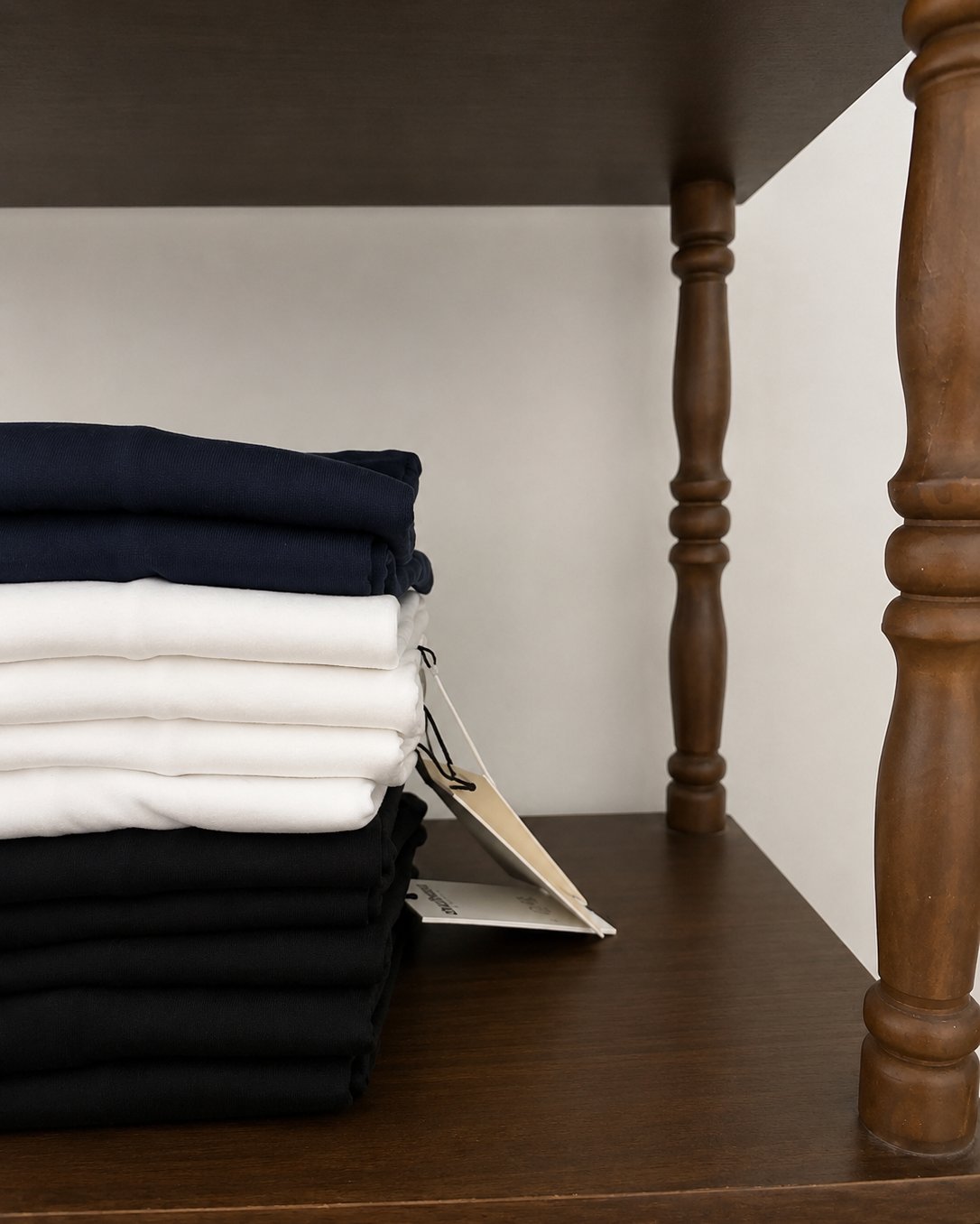 Folded stack of navy, white, and black Druthers t-shirts