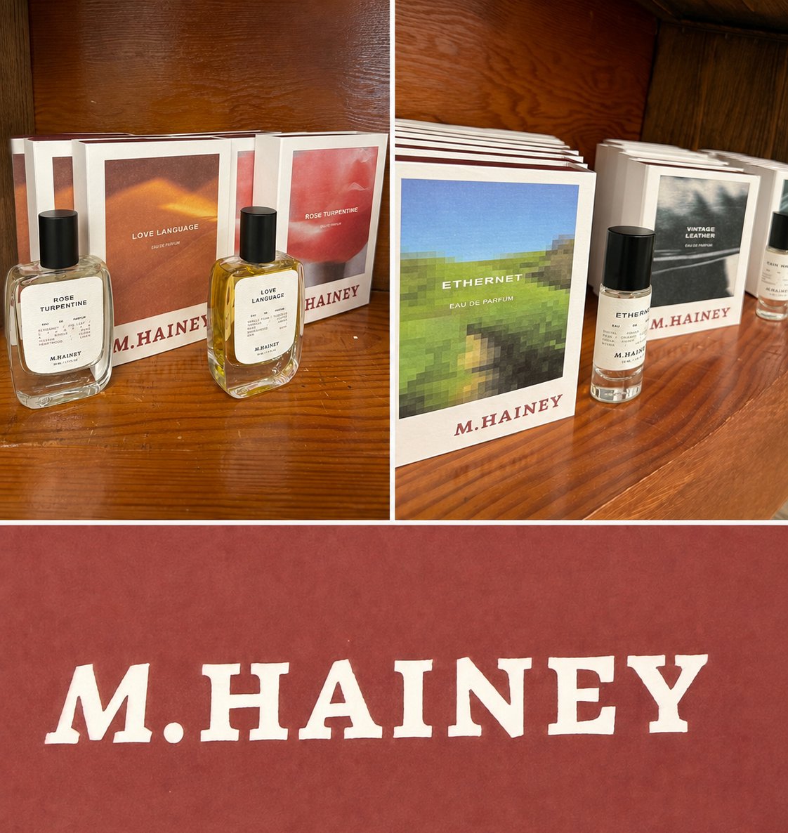 M.Hainey fragrance bottles and boxes displayed on a wooden shelf