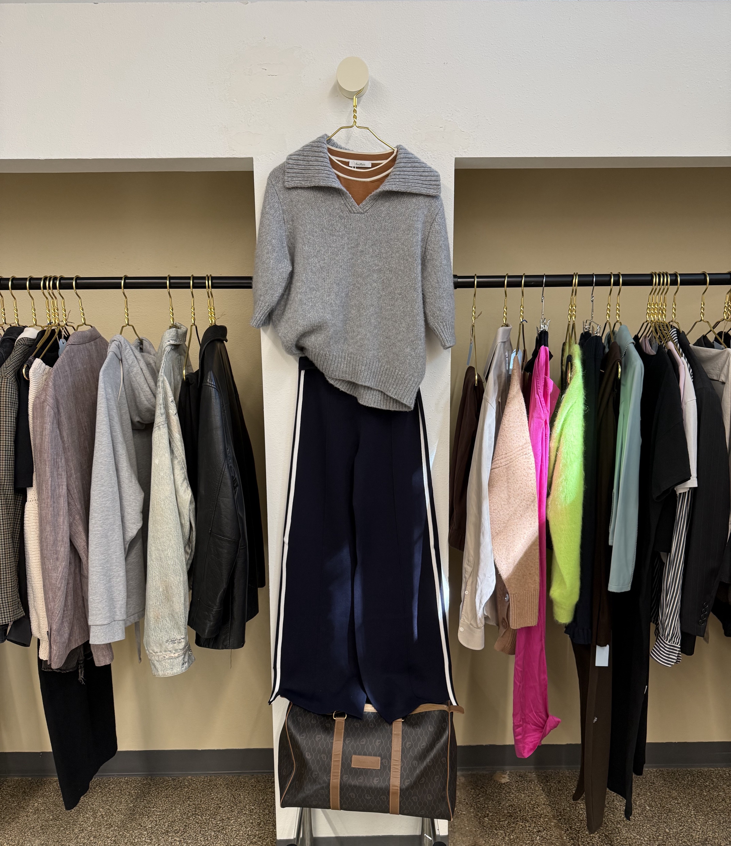 Gray sweater and blue sweatpants