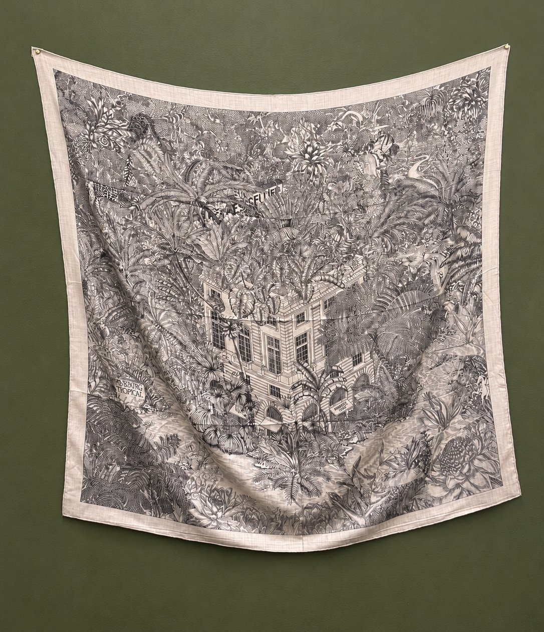 Hermes silk scarf with a tropical building print